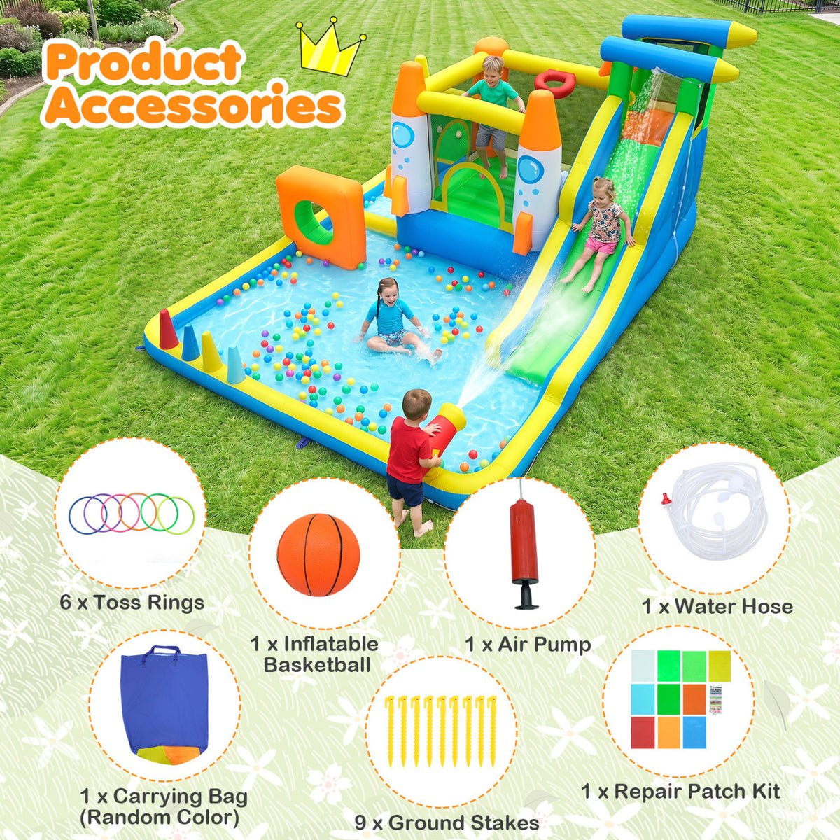 10-in-1 Inflatable Bounce House with Water Slide for Kids without Blower view 8
