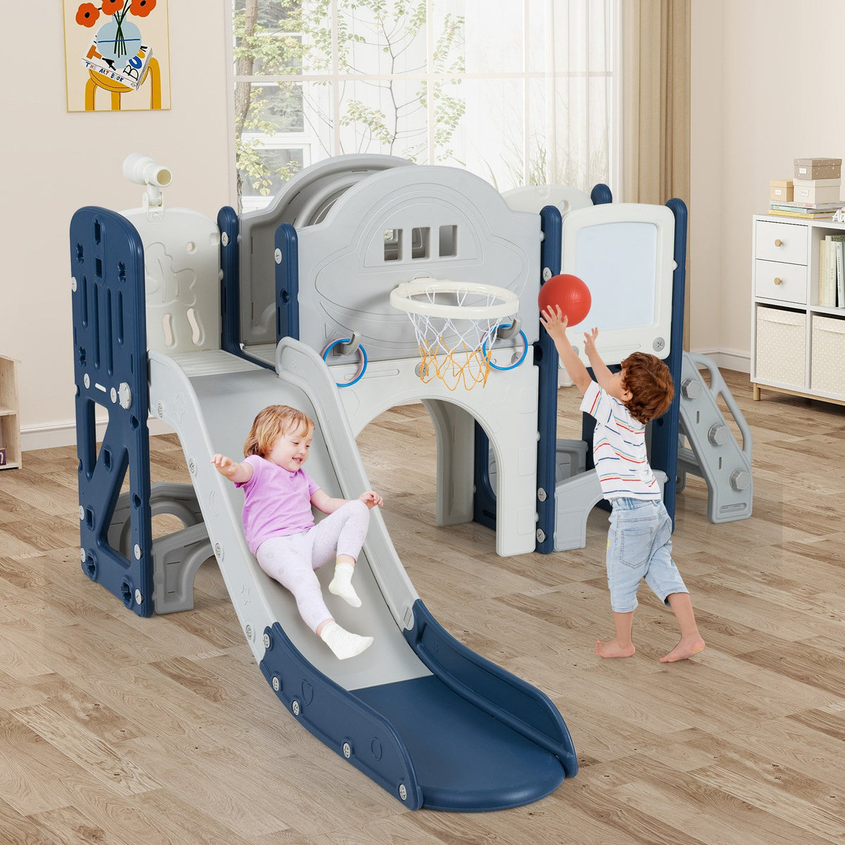 10 in 1 Toddler Slide Set Kids Slide and Climber Playset Indoor Playground-Blue view 2
