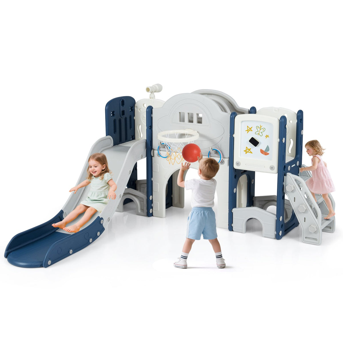 10 in 1 Toddler Slide Set Kids Slide and Climber Playset Indoor Playground-Blue view 3
