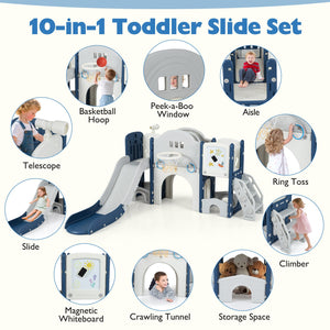 10 in 1 Toddler Slide Set Kids Slide and Climber Playset Indoor Playground-Blue view 6