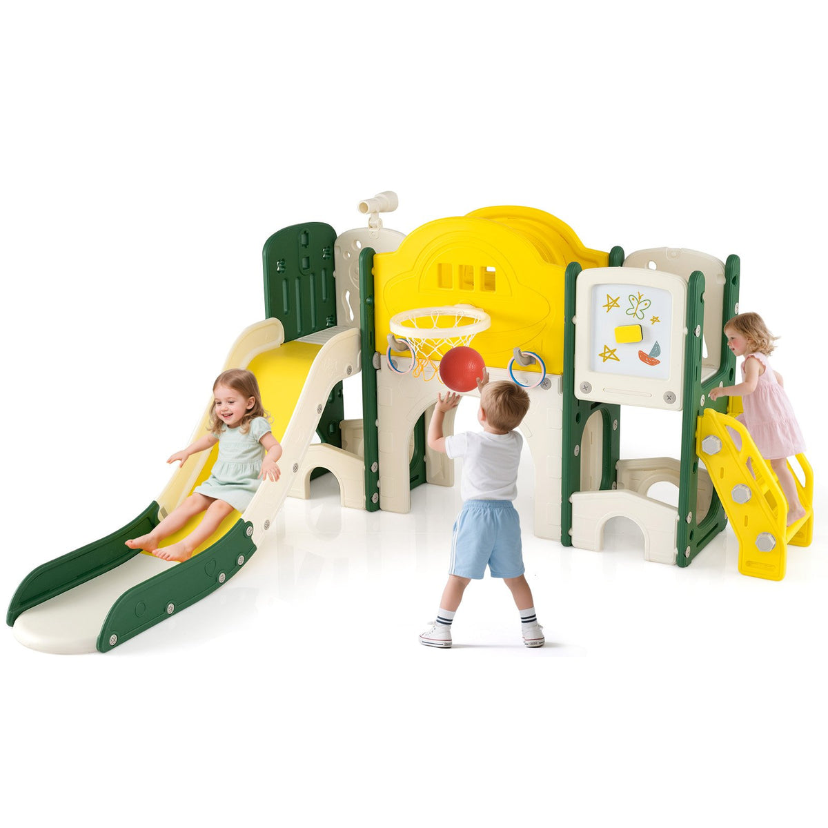 10 in 1 Toddler Slide Set Kids Slide and Climber Playset Indoor Playground-Yellow view 3