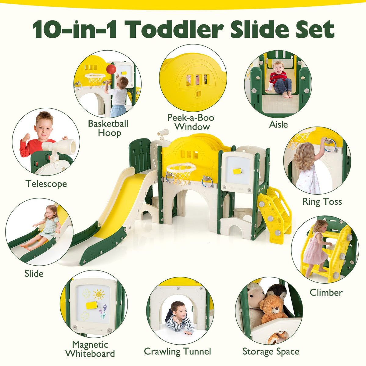 10 in 1 Toddler Slide Set Kids Slide and Climber Playset Indoor Playground-Yellow view 6