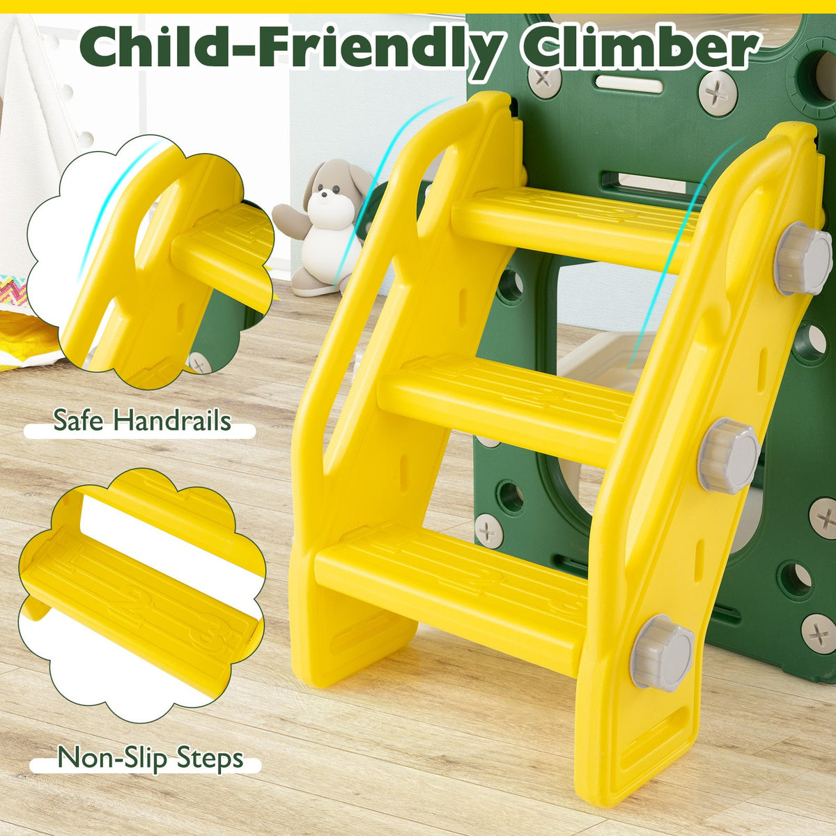 10 in 1 Toddler Slide Set Kids Slide and Climber Playset Indoor Playground-Yellow view 8