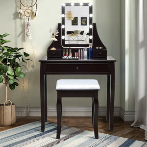 10 LED Lighted Mirror and 3 Drawers Vanity Table Set-Brown view 2