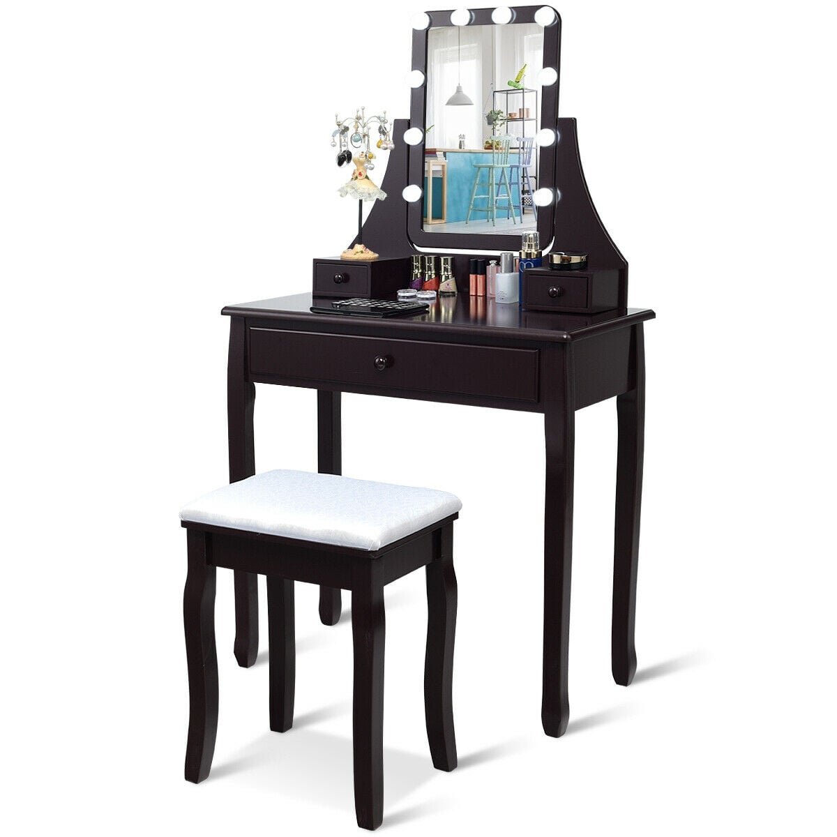 10 LED Lighted Mirror and 3 Drawers Vanity Table Set-Brown view 5