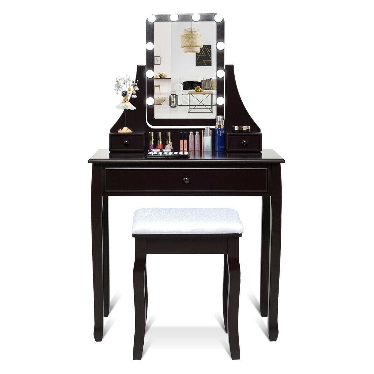 10 LED Lighted Mirror and 3 Drawers Vanity Table Set-Brown view 6