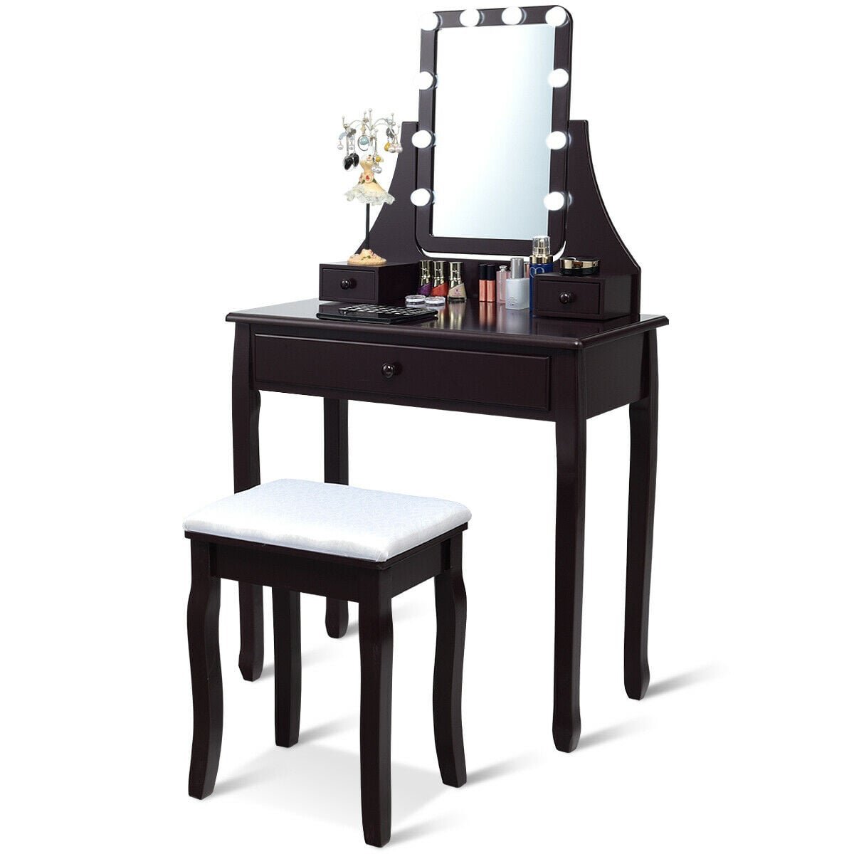 10 LED Lighted Mirror and 3 Drawers Vanity Table Set-Brown view 7