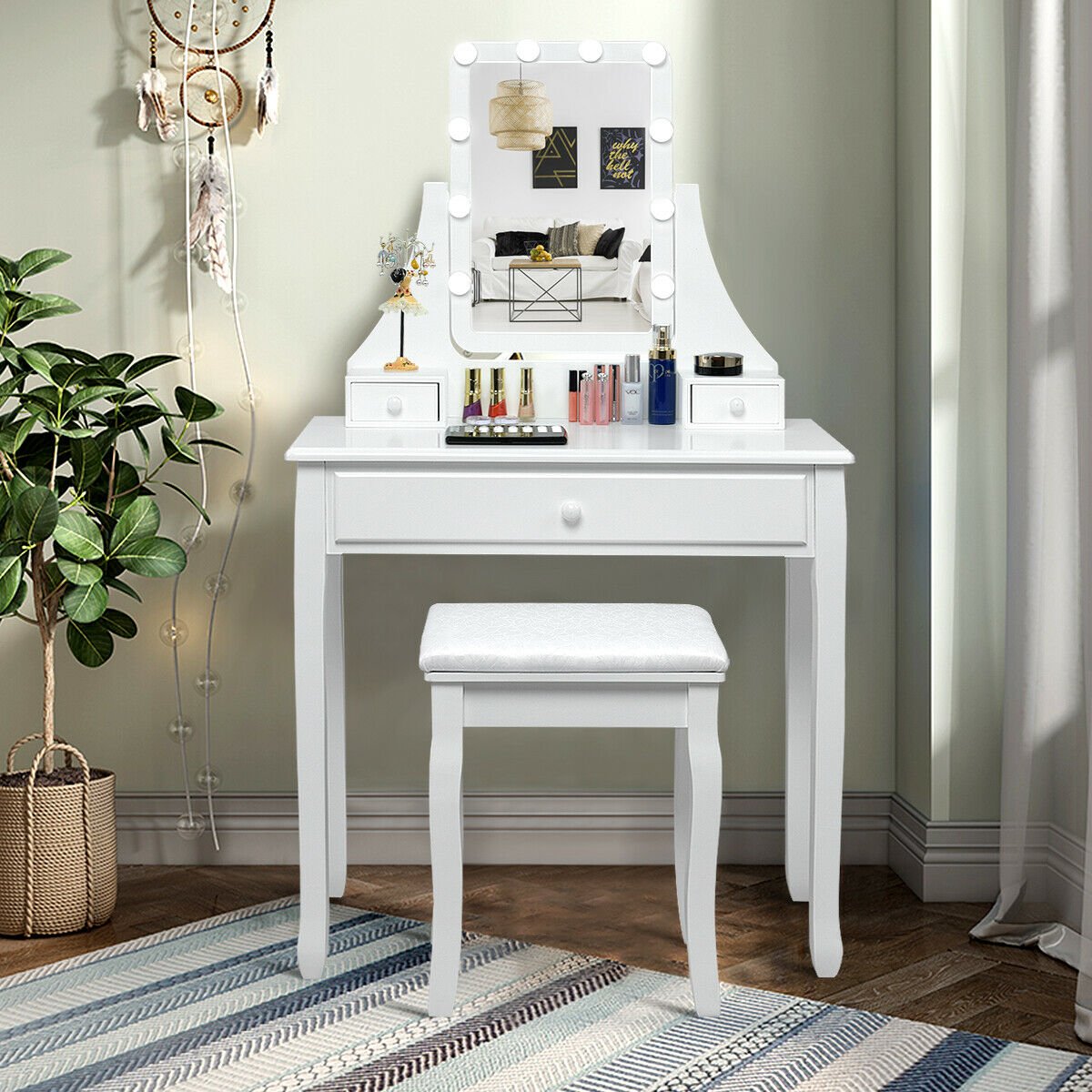 10 LED Lighted Mirror and 3 Drawers Vanity Table Set-White view 2