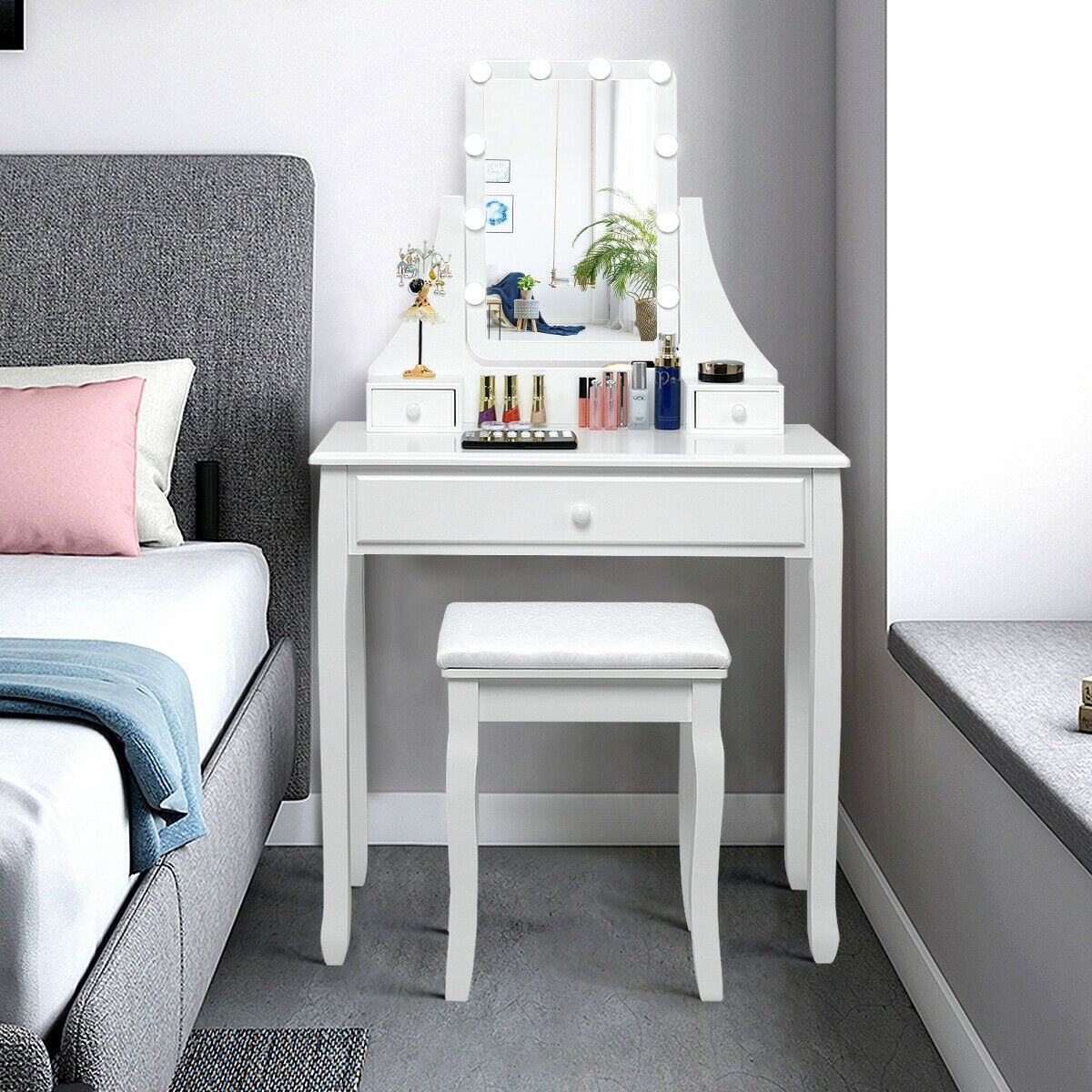 10 LED Lighted Mirror and 3 Drawers Vanity Table Set-White view 3