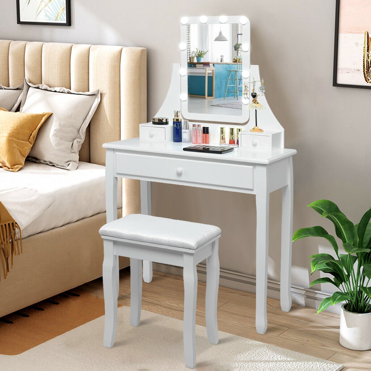 10 LED Lighted Mirror and 3 Drawers Vanity Table Set-White view 4