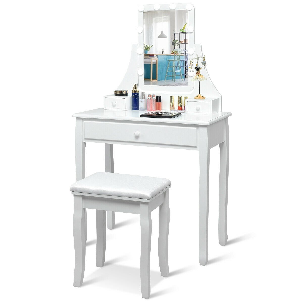 10 LED Lighted Mirror and 3 Drawers Vanity Table Set-White view 6