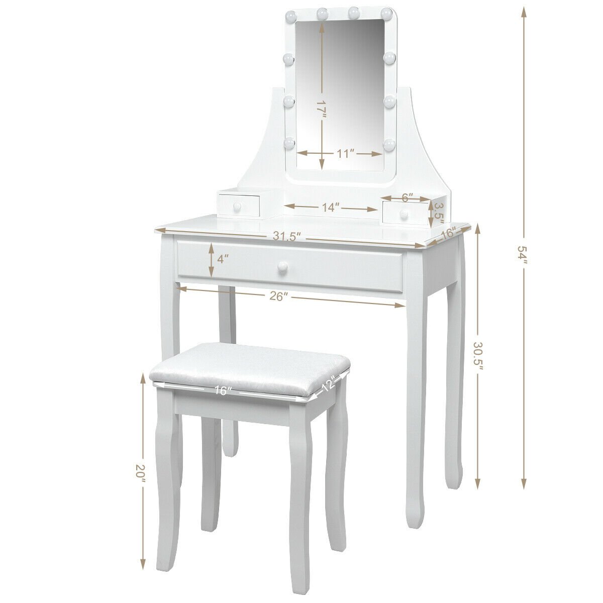 10 LED Lighted Mirror and 3 Drawers Vanity Table Set-White view 9