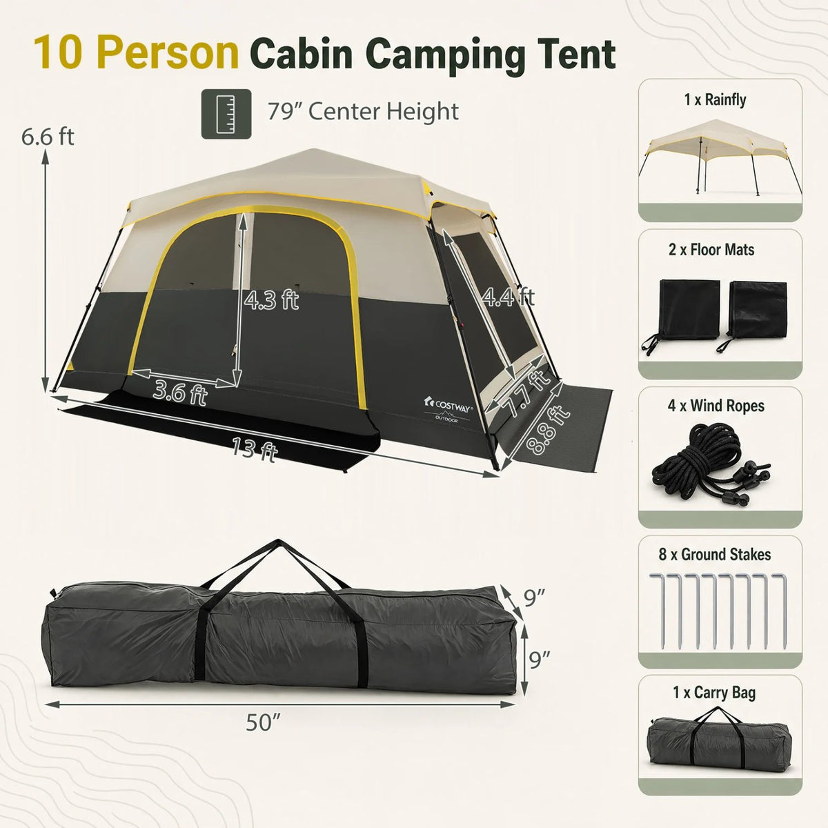 10 Person Instant Cabin Camping Tent with Rainfly 13 ft x 9 ft Portable Large Family Tent-Beige view 3
