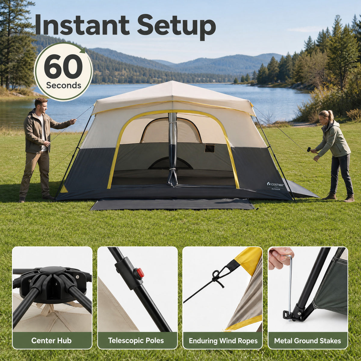10 Person Instant Cabin Camping Tent with Rainfly 13 ft x 9 ft Portable Large Family Tent-Beige view 7