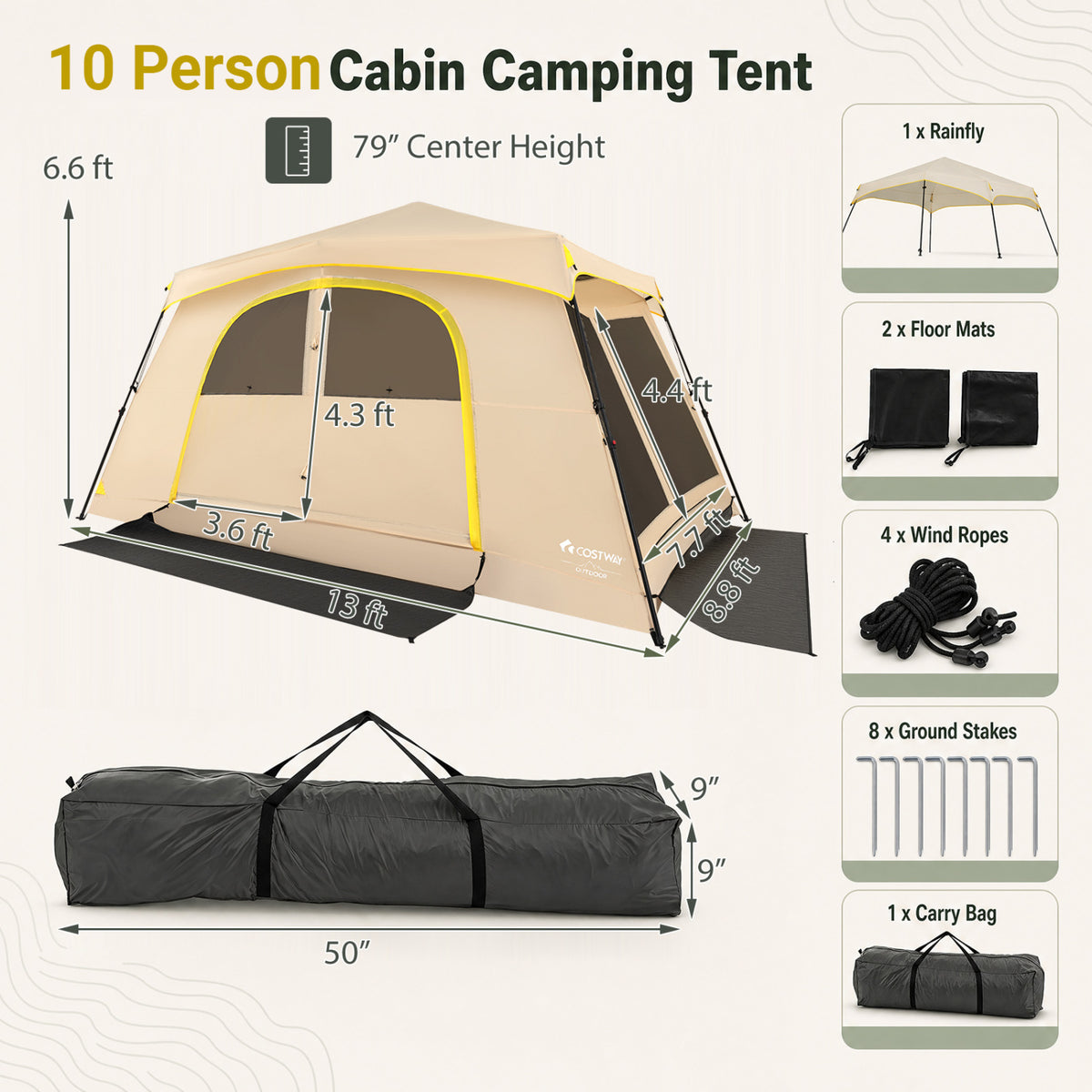 10 Person Instant Cabin Camping Tent with Rainfly 13 ft x 9 ft Portable Large Family Tent-Coffee view 3