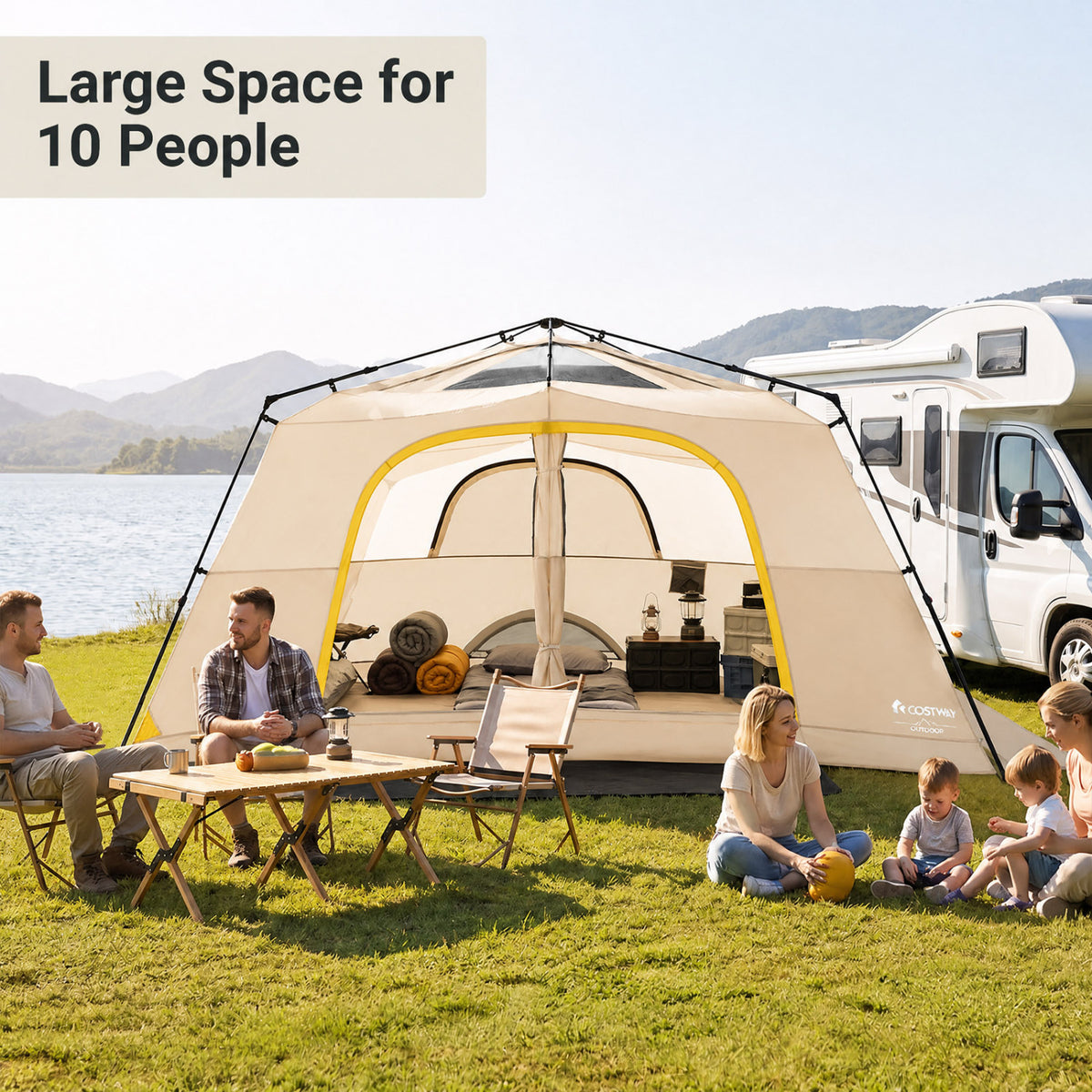 10 Person Instant Cabin Camping Tent with Rainfly 13 ft x 9 ft Portable Large Family Tent-Coffee view 5