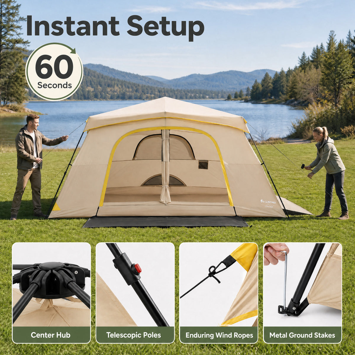 10 Person Instant Cabin Camping Tent with Rainfly 13 ft x 9 ft Portable Large Family Tent-Coffee view 7