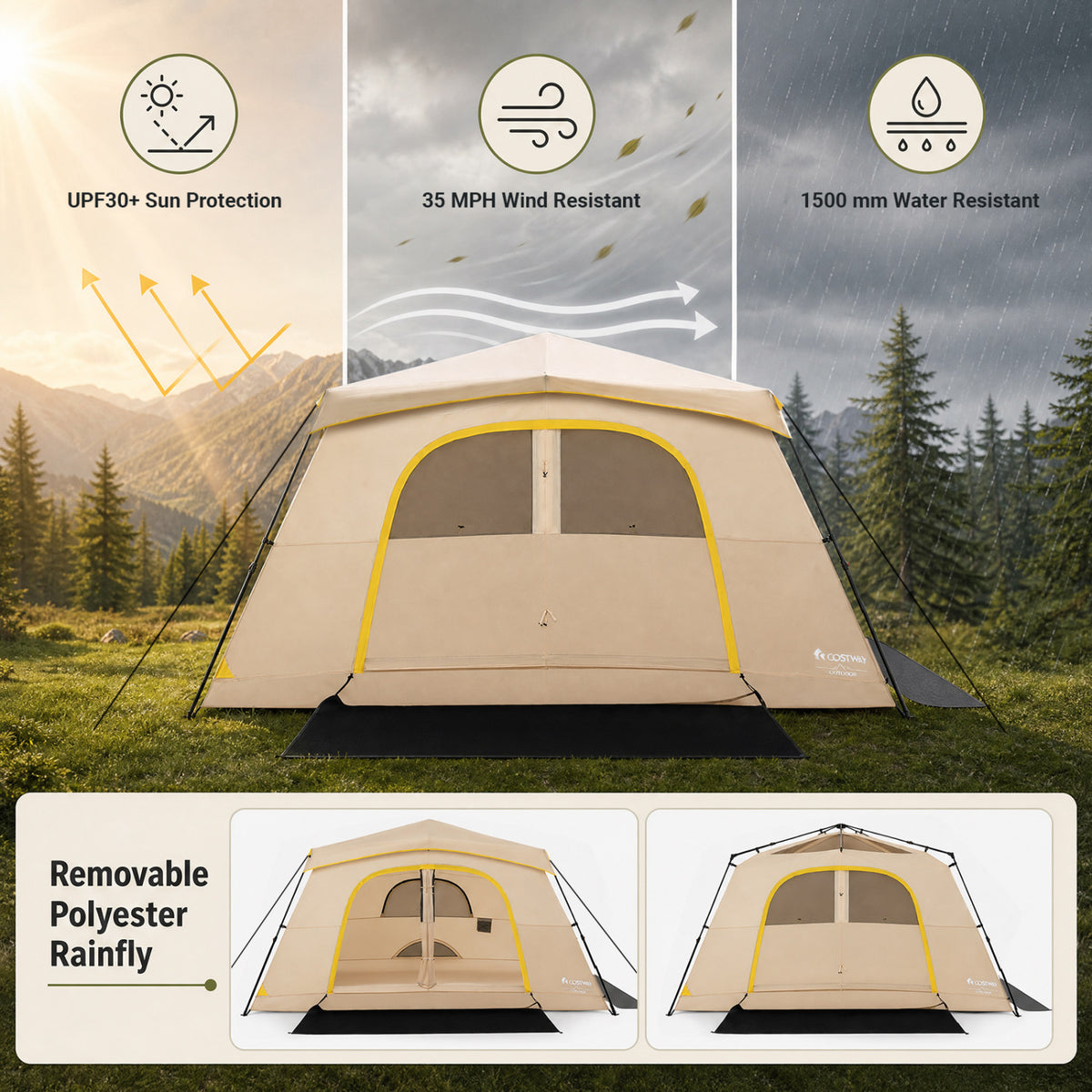 10 Person Instant Cabin Camping Tent with Rainfly 13 ft x 9 ft Portable Large Family Tent-Coffee view 8