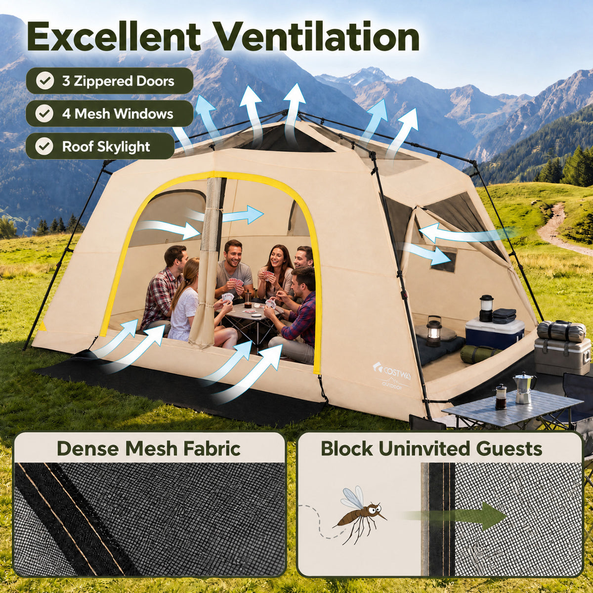 10 Person Instant Cabin Camping Tent with Rainfly 13 ft x 9 ft Portable Large Family Tent-Coffee view 9