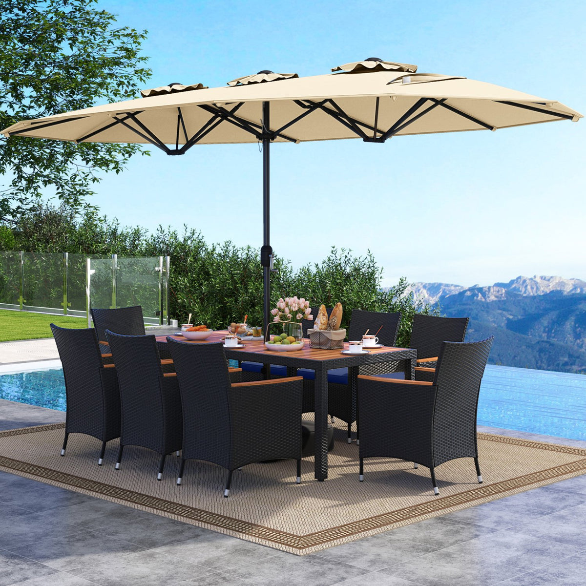 10 Piece Outdoor Patio Dining Set with 15 Feet Double-Sided Twin Umbrella-Beige view 2