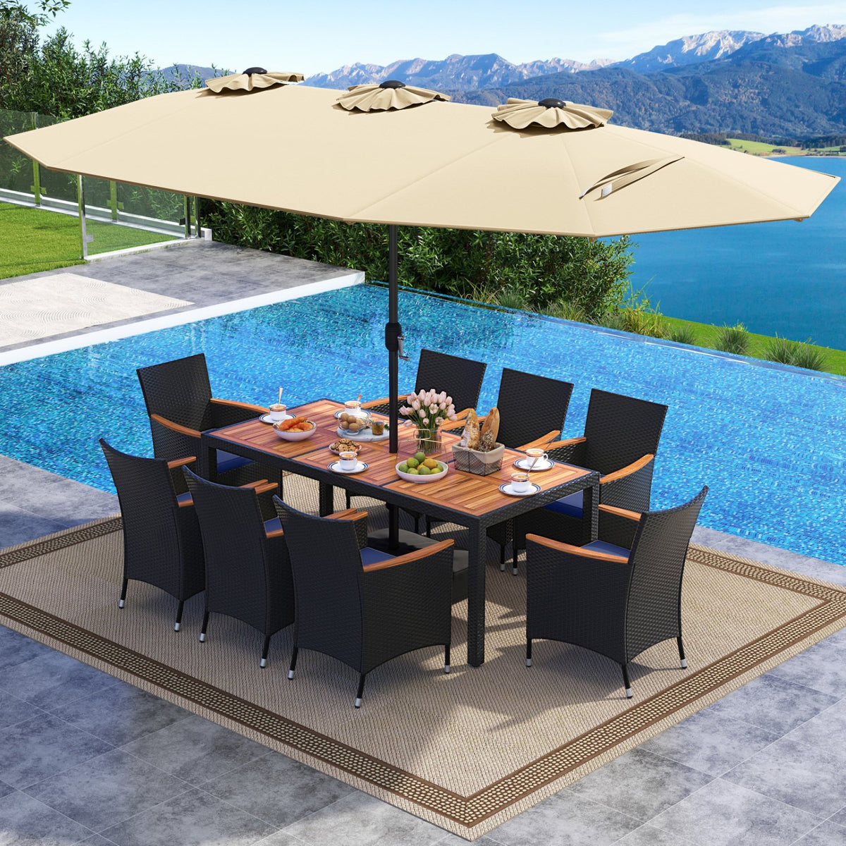 10 Piece Outdoor Patio Dining Set with 15 Feet Double-Sided Twin Umbrella-Beige view 3