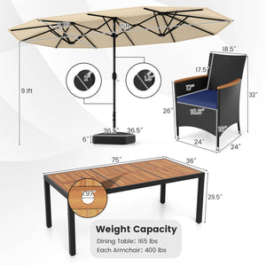 10 Piece Outdoor Patio Dining Set with 15 Feet Double-Sided Twin Umbrella-Beige view 5