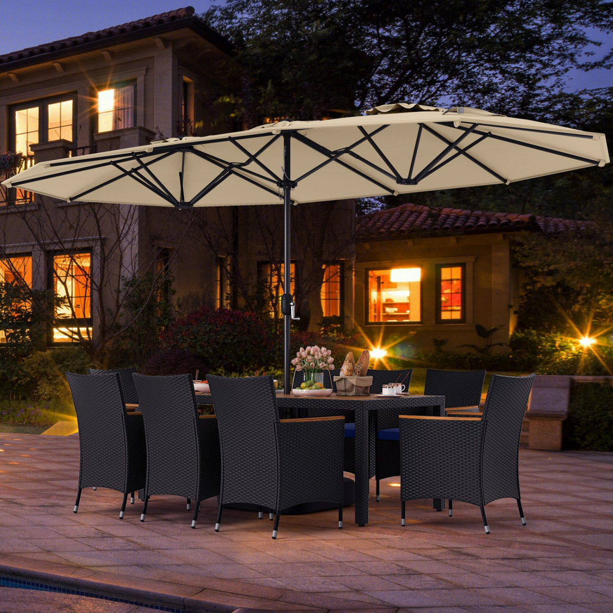 10 Piece Outdoor Patio Dining Set with 15 Feet Double-Sided Twin Umbrella-Beige view 6
