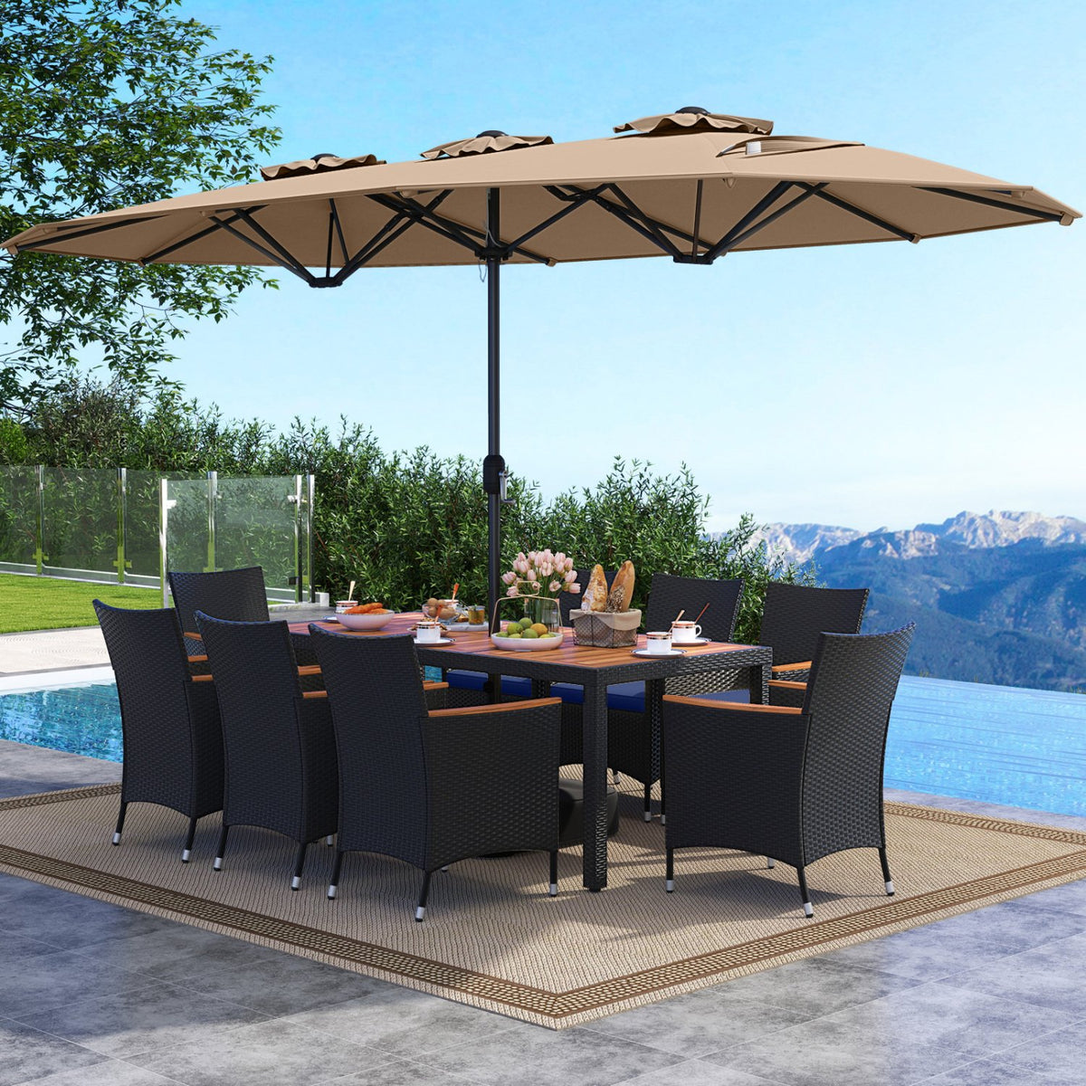10 Piece Outdoor Patio Dining Set with 15 Feet Double-Sided Twin Umbrella-Brown view 2