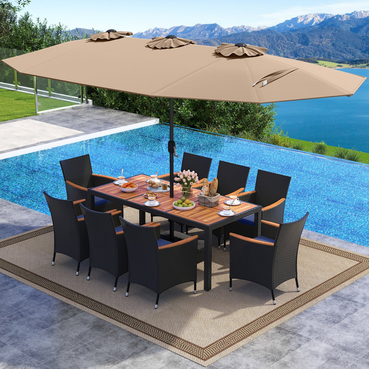 10 Piece Outdoor Patio Dining Set with 15 Feet Double-Sided Twin Umbrella-Brown view 3