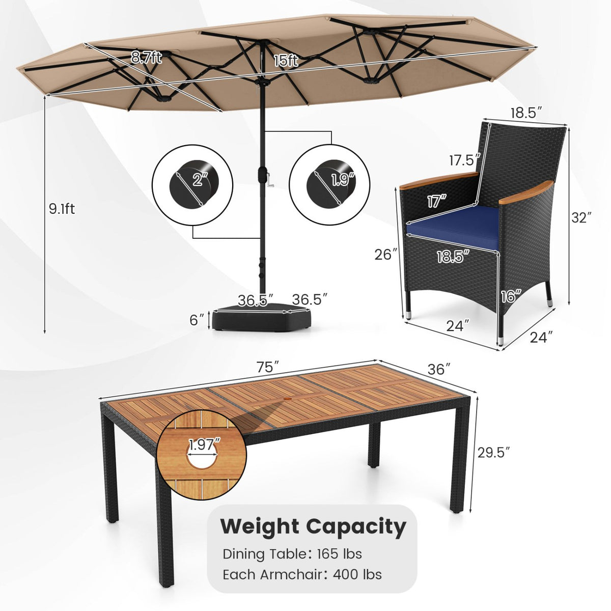 10 Piece Outdoor Patio Dining Set with 15 Feet Double-Sided Twin Umbrella-Brown view 5