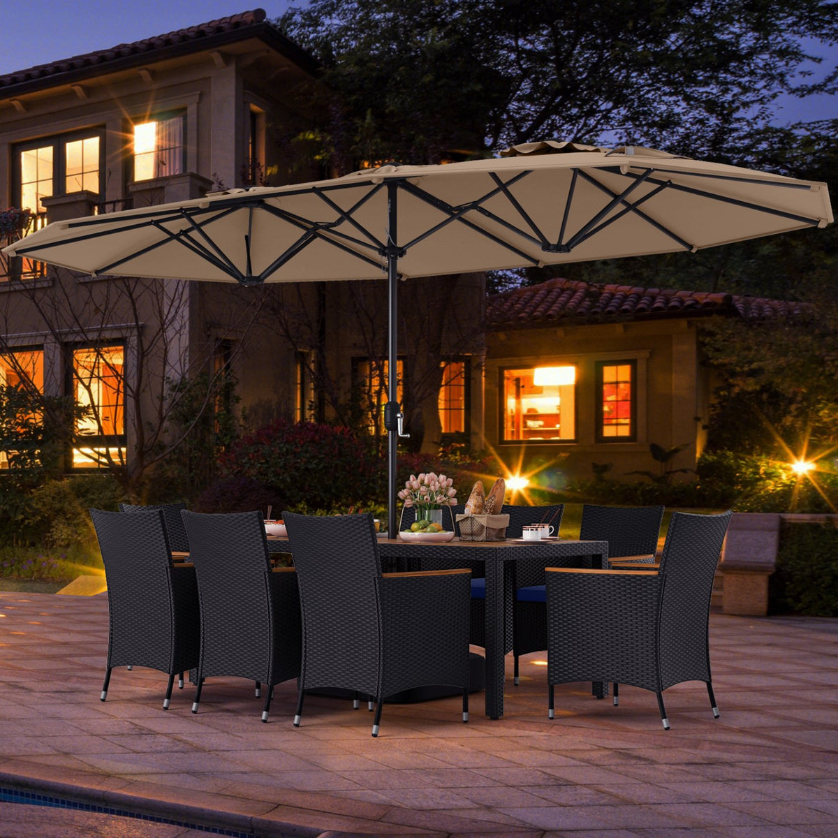 10 Piece Outdoor Patio Dining Set with 15 Feet Double-Sided Twin Umbrella-Brown view 6
