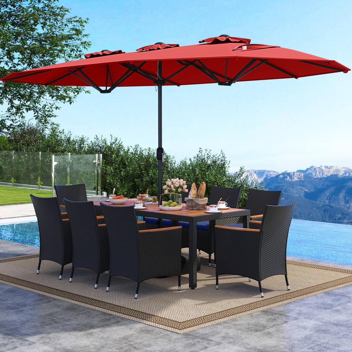 10 Piece Outdoor Patio Dining Set with 15 Feet Double-Sided Twin Umbrella-Red view 2