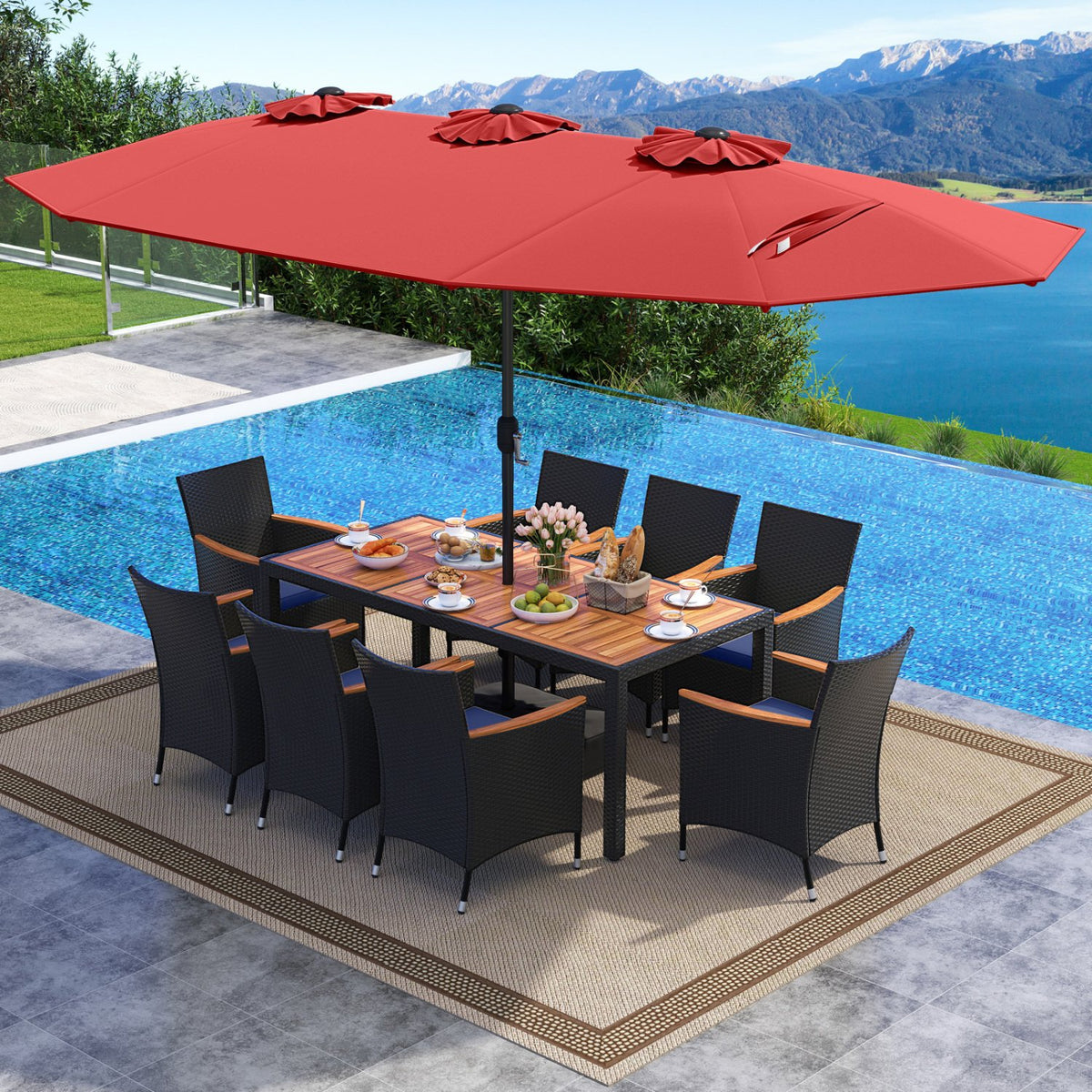 10 Piece Outdoor Patio Dining Set with 15 Feet Double-Sided Twin Umbrella-Red view 3