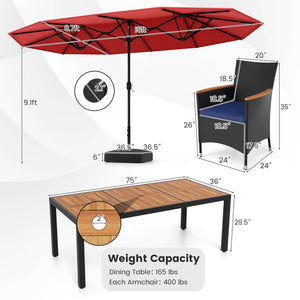 10 Piece Outdoor Patio Dining Set with 15 Feet Double-Sided Twin Umbrella-Red view 5