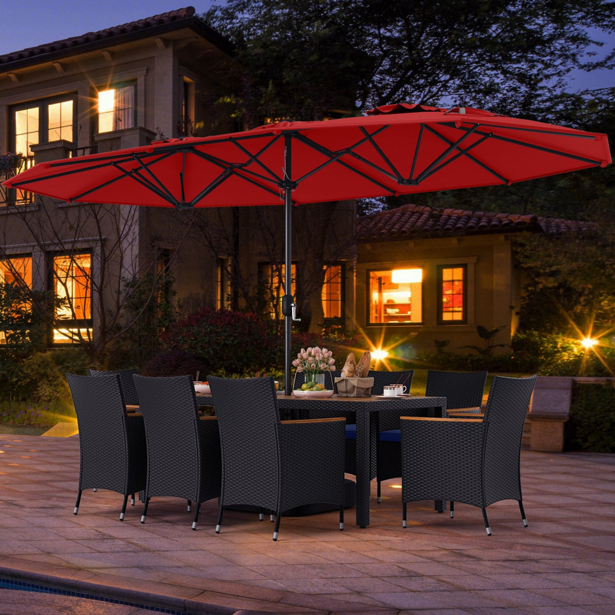 10 Piece Outdoor Patio Dining Set with 15 Feet Double-Sided Twin Umbrella-Red view 6