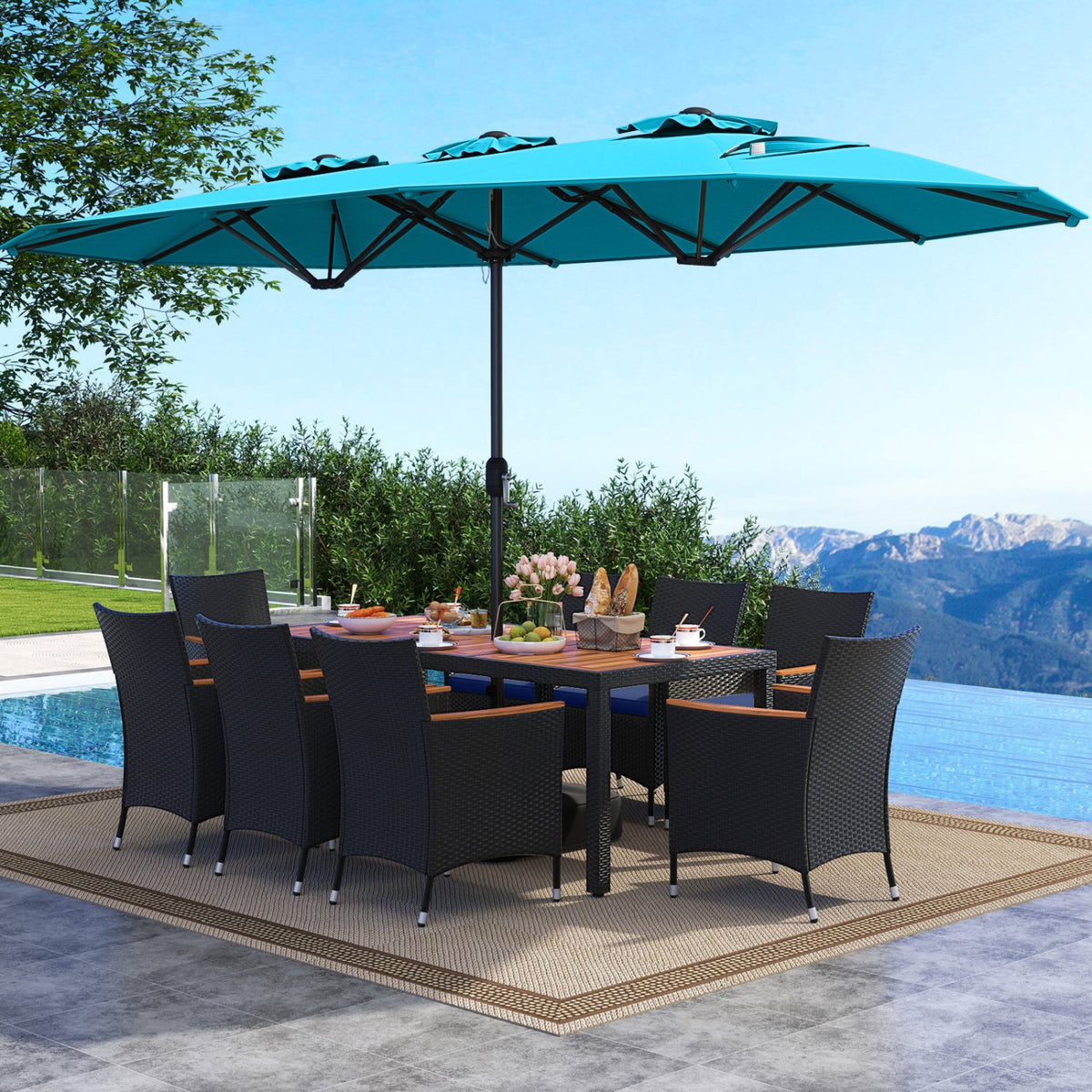 10 Piece Outdoor Patio Dining Set with 15 Feet Double-Sided Twin Umbrella-Turquoise view 2