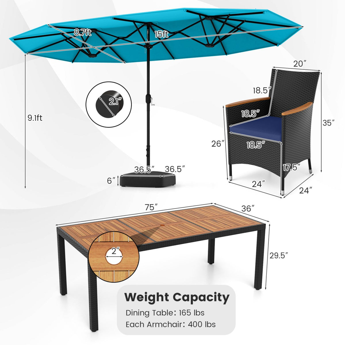 10 Piece Outdoor Patio Dining Set with 15 Feet Double-Sided Twin Umbrella-Turquoise view 5