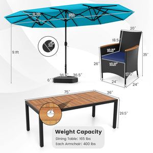 10 Piece Outdoor Patio Dining Set with 15 Feet Double-Sided Twin Umbrella-Turquoise view 5