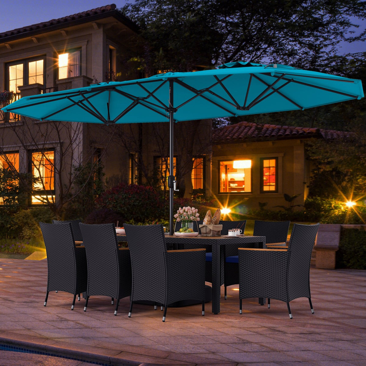 10 Piece Outdoor Patio Dining Set with 15 Feet Double-Sided Twin Umbrella-Turquoise view 6