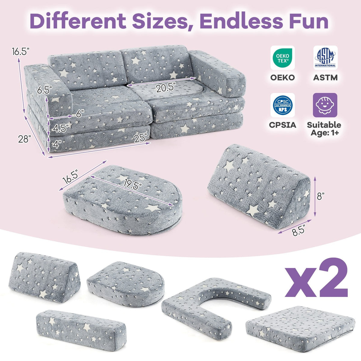 10 Pieces Modular Kids Play Couch Sectional Sofa Glow in the Dark-Gray view 2