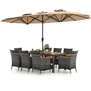 10 Pieces Patio Wicker Dining Set with 15 Feet Double-Sided Patio Umbrella-Brown