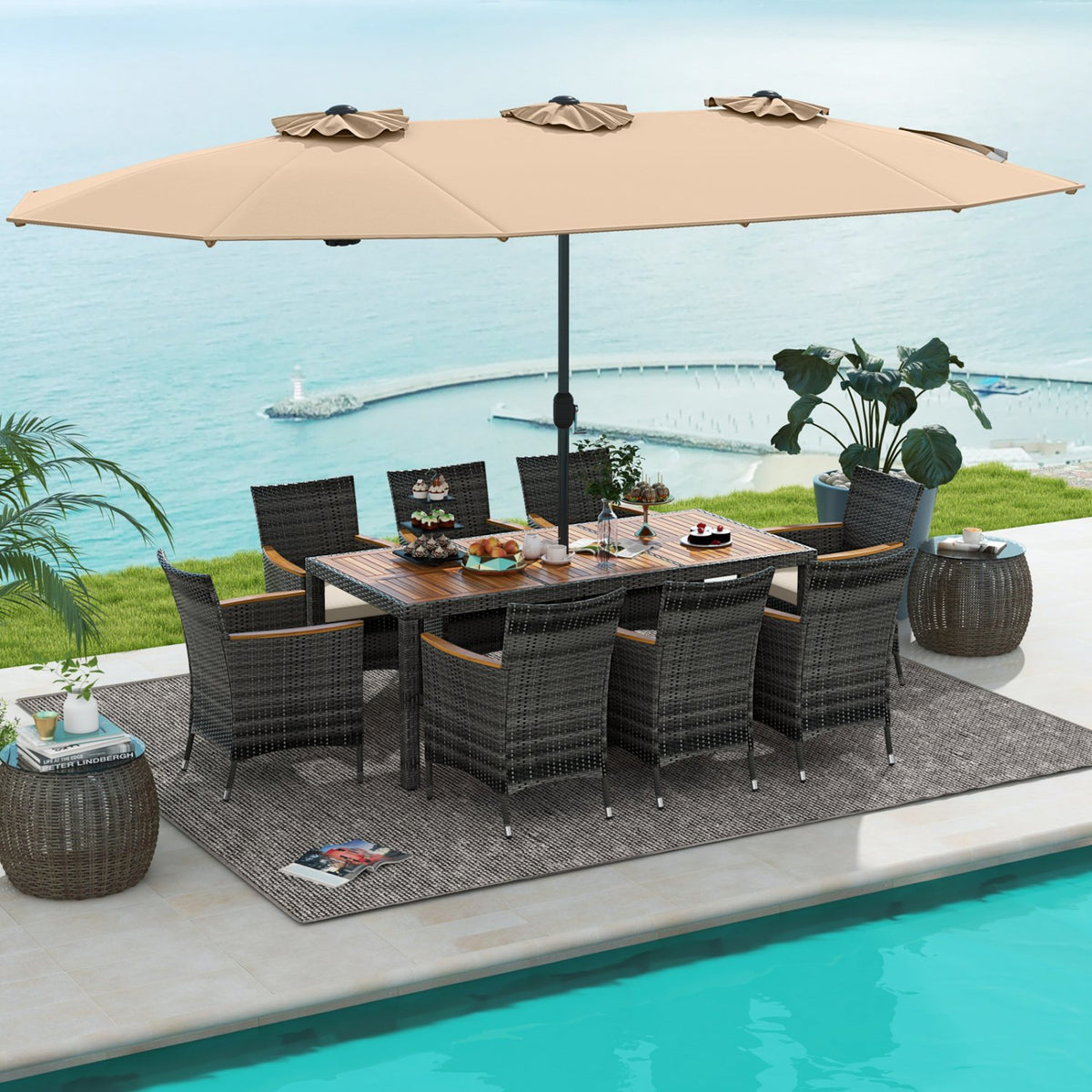 10 Pieces Patio Wicker Dining Set with 15 Feet Double-Sided Patio Umbrella-Brown view 2