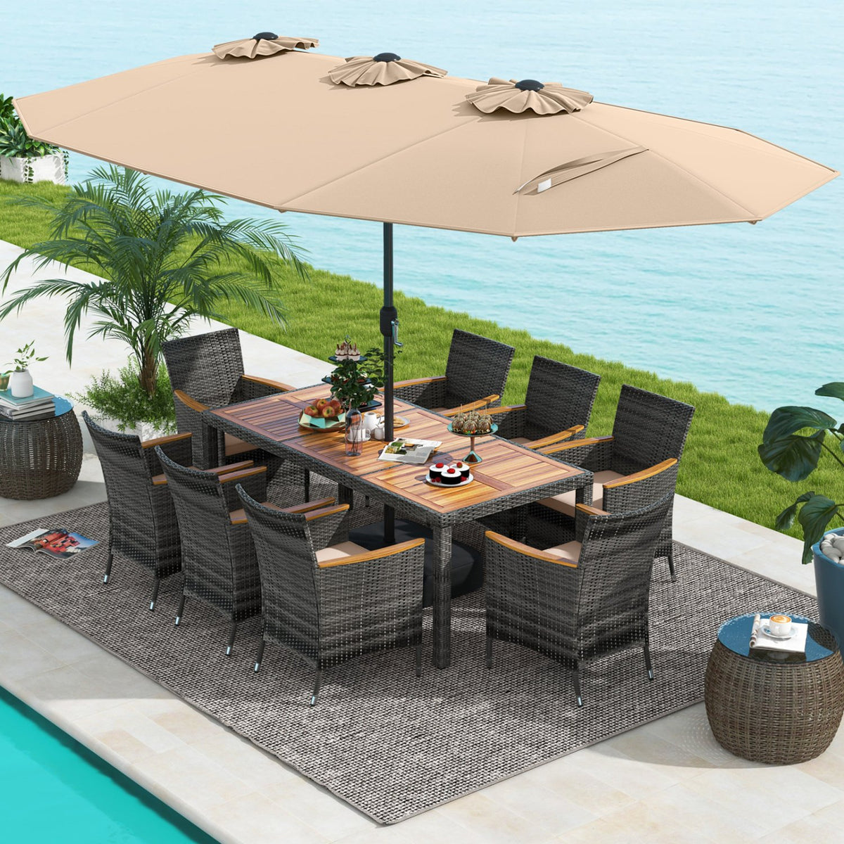10 Pieces Patio Wicker Dining Set with 15 Feet Double-Sided Patio Umbrella-Brown view 3