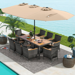 10 Pieces Patio Wicker Dining Set with 15 Feet Double-Sided Patio Umbrella-Brown view 3