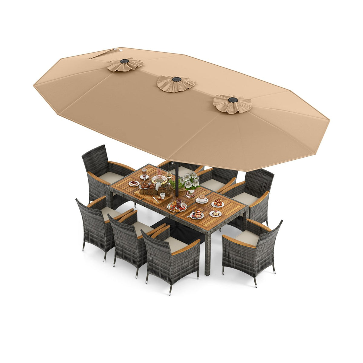 10 Pieces Patio Wicker Dining Set with 15 Feet Double-Sided Patio Umbrella-Brown view 4