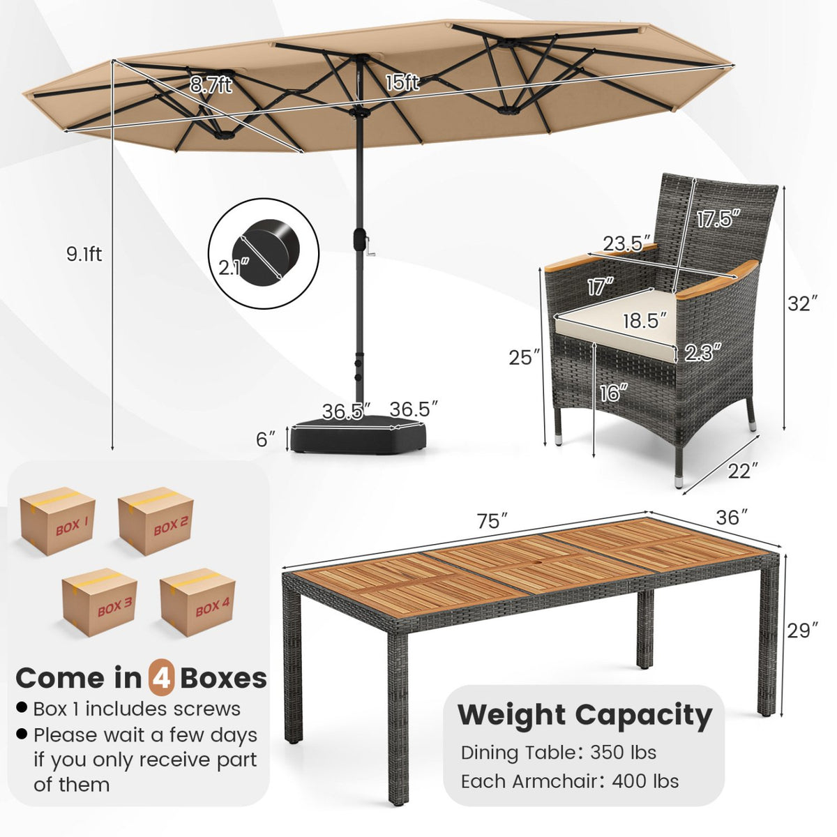 10 Pieces Patio Wicker Dining Set with 15 Feet Double-Sided Patio Umbrella-Brown view 5