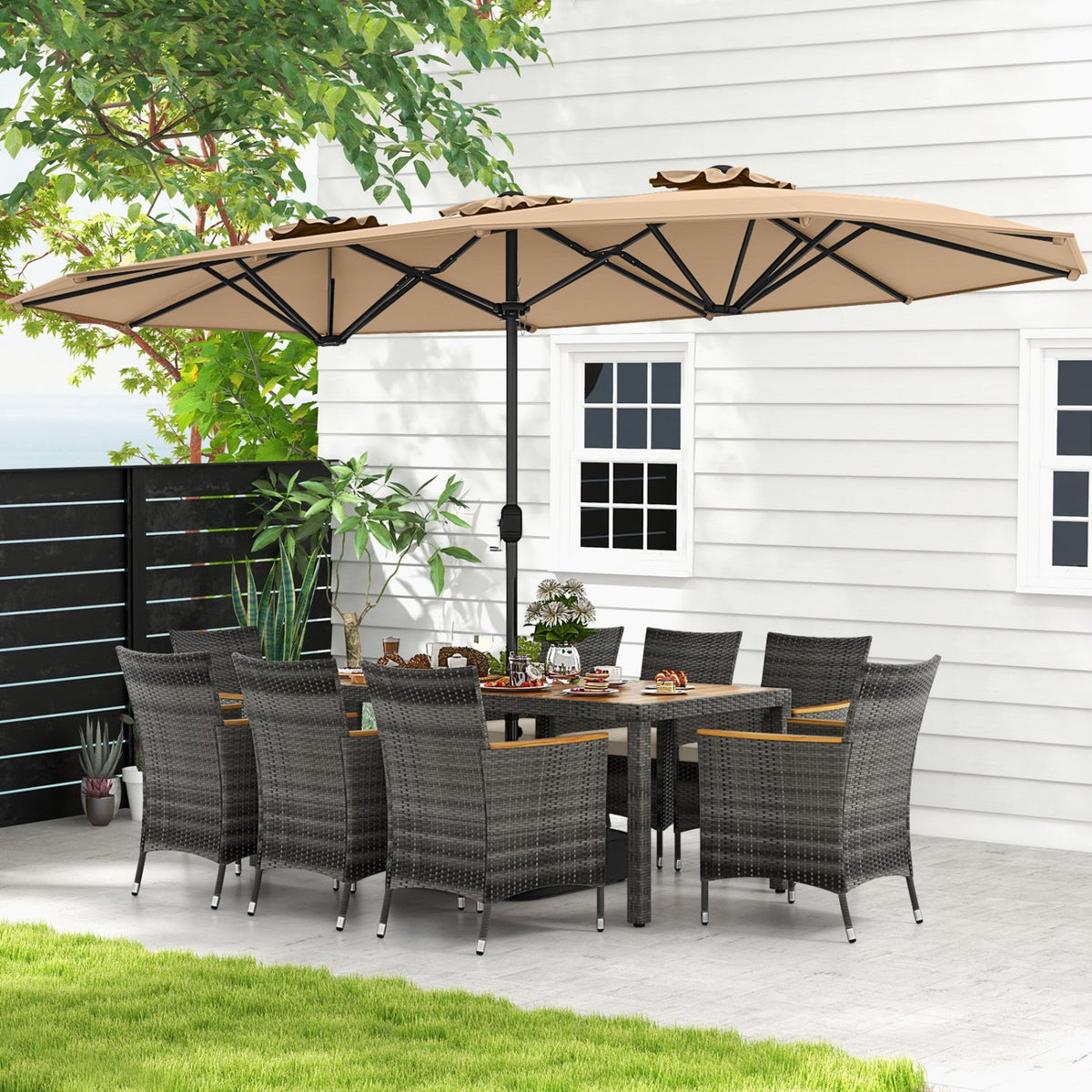 10 Pieces Patio Wicker Dining Set with 15 Feet Double-Sided Patio Umbrella-Brown view 6