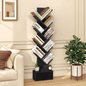 10-Tier Bookshelf with Drawer Free-standing Storage Bookcase-Black view 2