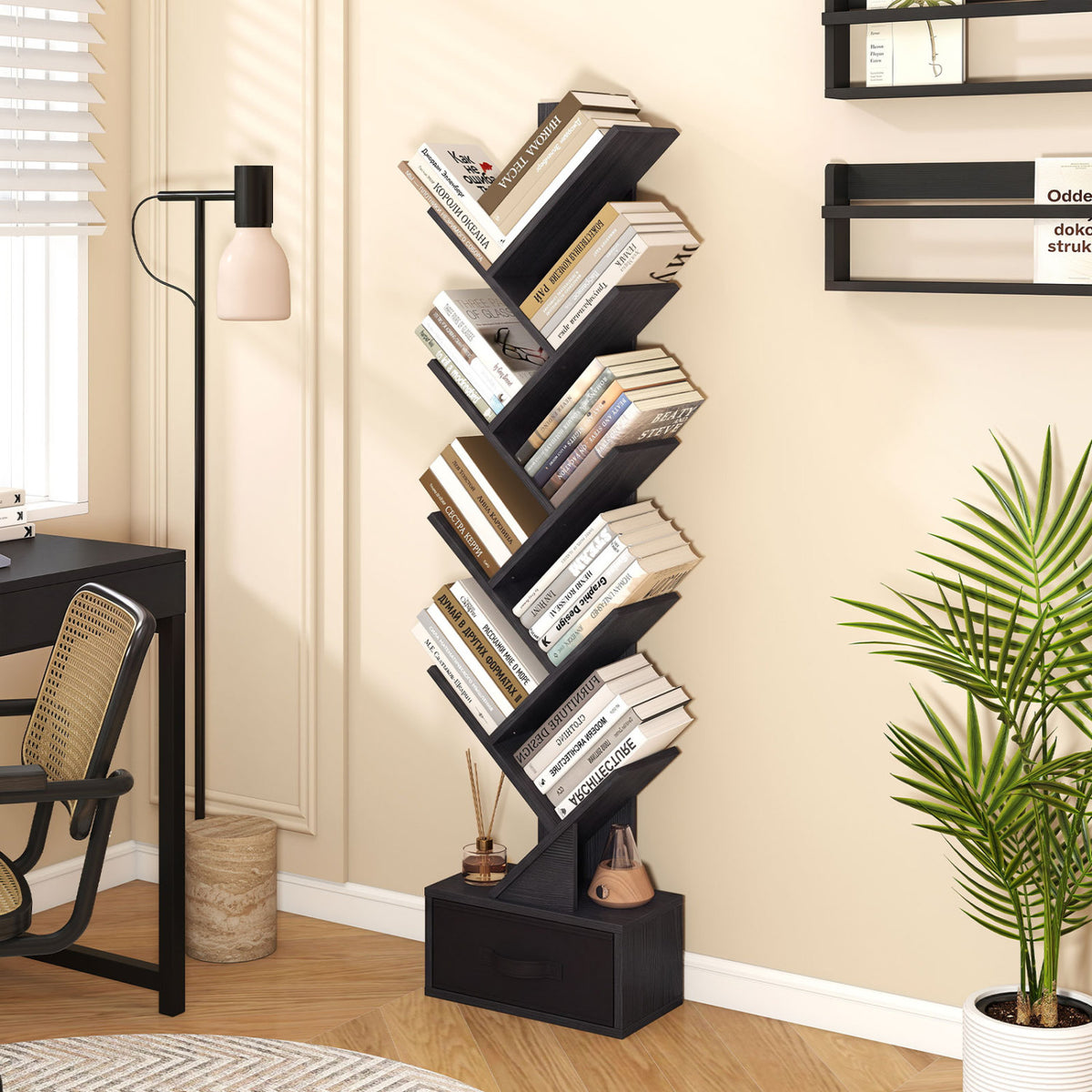 10-Tier Bookshelf with Drawer Free-standing Storage Bookcase-Black view 3
