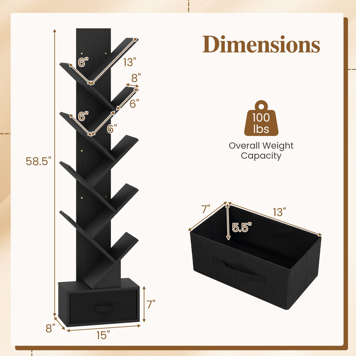 10-Tier Bookshelf with Drawer Free-standing Storage Bookcase-Black view 5